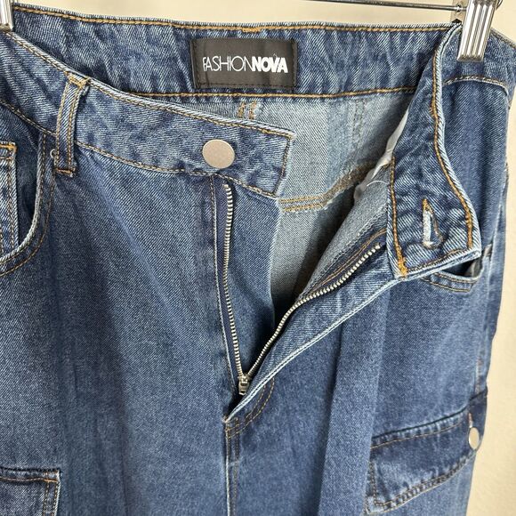Fashion Nova Blue Jeans Size 13 High Rise Cargo Baggy Loose Y2K 90s Aesthetic - Picture 4 of 14